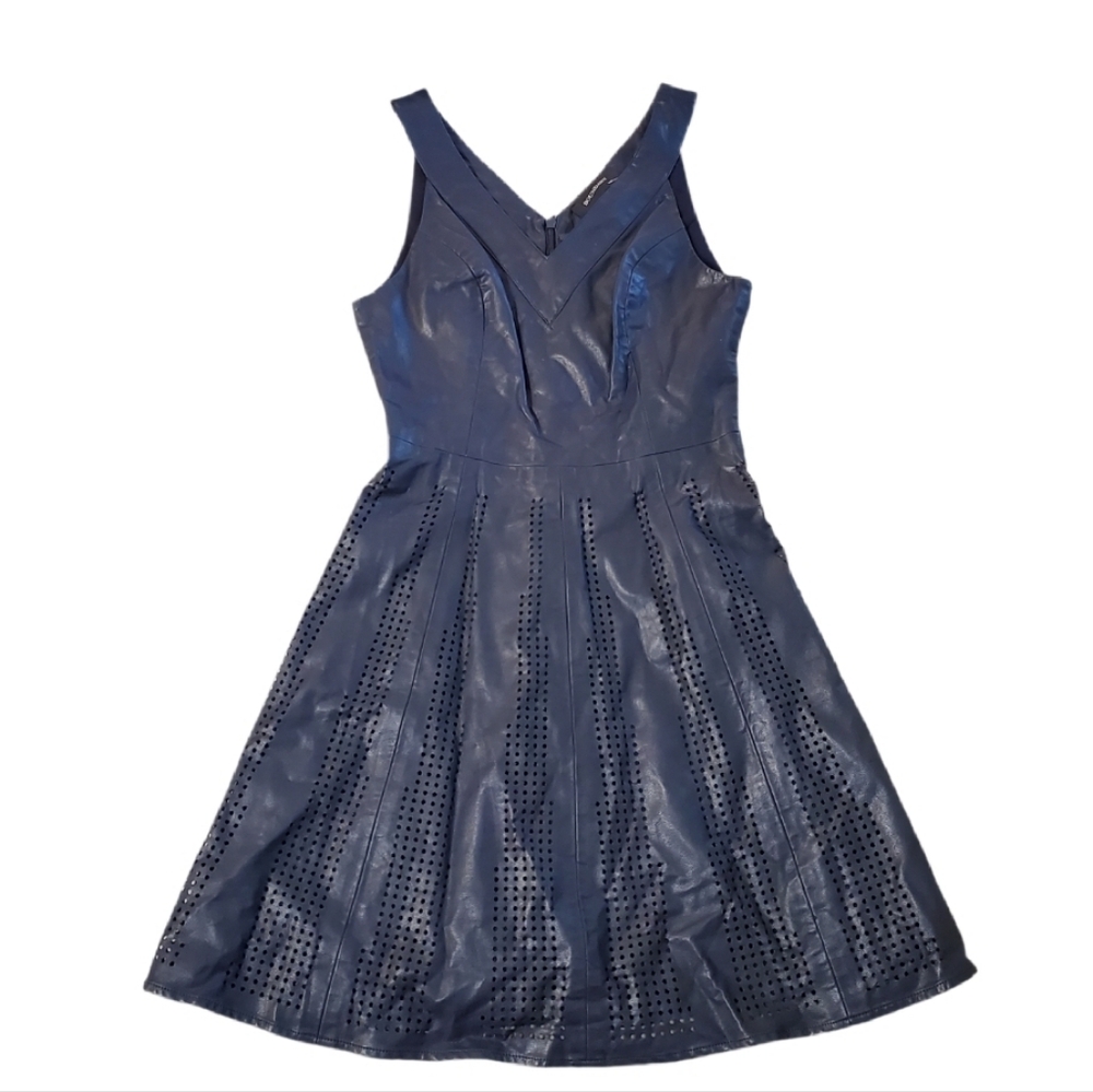 Boundary Women's Dark Navy Faux Leather Laser Cut‎ Sleeveless Dress XS